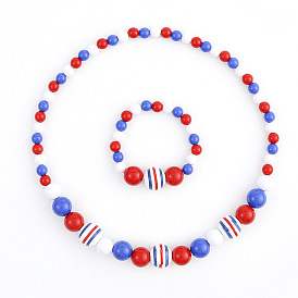 Ensembles de bracelets et colliers extensibles en perles rondes en bois pour le jour de l'indépendance, blanc & rouge & bleu