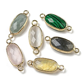 Mixed Gemstone Connector Charms, Faceted Oval Charms with Light Gold Plated Brass Edge