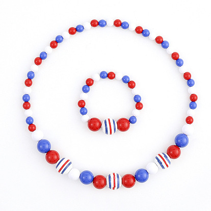 Independence Day Wooden Round Beaded Stretch Bracelets and Necklaces Sets, White & Red & Blue
