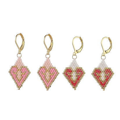 Glass Seed Braided Rhombus with Heart Dangle Leverback Earrings, 304 Stainless Steel Drop Earrings for Women