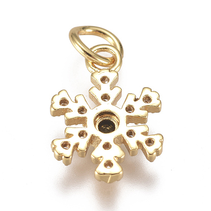 Christmas Brass Micro Pave Cubic Zirconia Charms, with Jump Ring, Long-Lasting Plated, Real 18K Gold Plated, Snowflake
