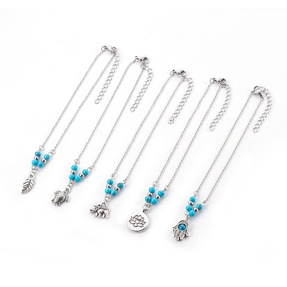 Синтетические бирюзовые браслеты, с тибетском стиле сплава подвески, 304 выводы из нержавеющей стали и железная проушина, разнообразные