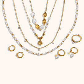 Ensemble boucles d'oreilles et collier en perles chics en acier inoxydable plaqué or 14 carats pour femme