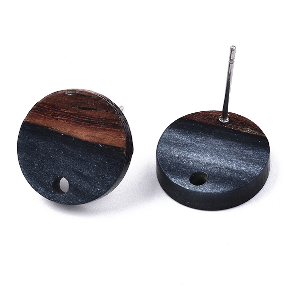 Resin & Walnut Wood Stud Earring Findings, with 304 Stainless Steel Pin, Flat Round