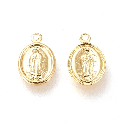 Brass Lady of Guadalupe Charms, with Jump Rings, Long-Lasting Plated, Oval with Virgin Mary