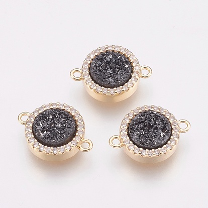 Natural Druzy Agate Links Connectors, with Brass Finding and Cubic Zirconia, Flat Round