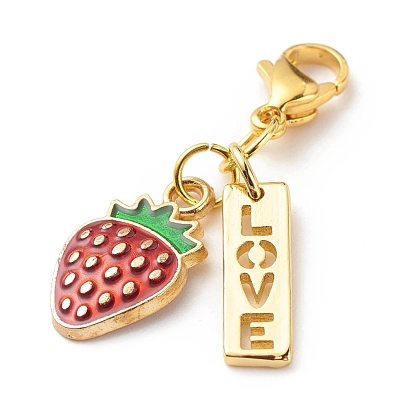 Alloy Enamel Fruit Pendant Decorations, Word Love Lobster Clasp Charms, Clip-on Charms, for Keychain, Purse, Backpack Ornament, Stitch Marker