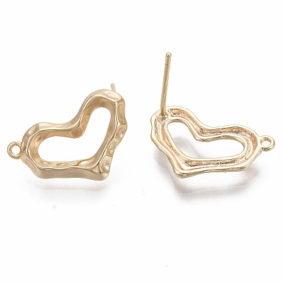 Brass Stud Earring Findings, with Loop, Nickel Free, Hammered, Heart