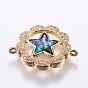 Brass Micro Pave Cubic Zirconia Links, with Abalone Shell/Paua Shell, Flower with Star