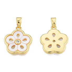 Natural Freshwater Shell Pendants, with Brass Pave Clear Cubic Zirconia Findings, Real 18K Gold Plated, Nickel Free, Flower Charm