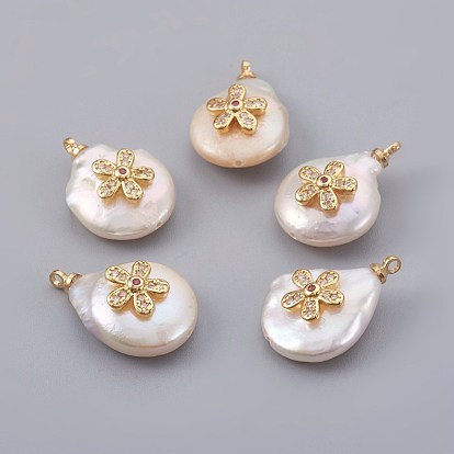 Natural Cultured Freshwater Pearl Pendants, with Cubic Zirconia and Brass Findings, Long-Lasting Plated, Flower, Real 18K Gold Plated