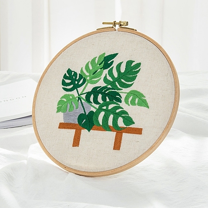 Kit de principiante de bordado diy con patrón de plantas, incluyendo agujas de bordar e hilo, tela de lino de algodón