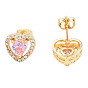 Cubic Zirconia Heart Stud Earrings, Golden Brass Jewelry for Women, Nickel Free