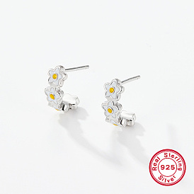 Rhodium Plated 925 Sterling Silver Flower Stud Earrings,  with 925 Stamp and Enamel