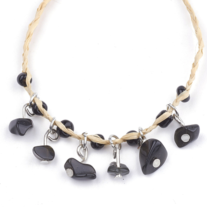 Bracelets de charme en raphia tressé à la main, bracelets chanceux, avec des perles de rocaille doublées d'argent et de pierres précieuses, fermoir mousqueton en fer et chaînes d'extension