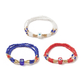3 pcs 3 couleur mauvais œil au chalumeau & graines de verre & bracelets multi-brins triple couche perlés en laiton pour femme