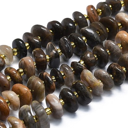 Natural Blcak Moonstone Beads Strands, with Seed Beads, Flat