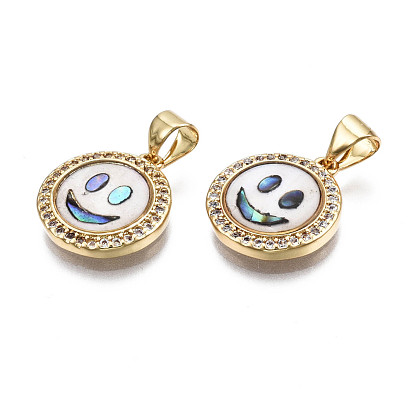 Brass Micro Pave Clear Cubic Zirconia Pendants, with Shell, Nickel Free, Flat Round with Smiling Face