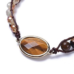 Tiger Eye Three Loops Natural Tiger Eye Beads Wrap Bracelets, with Cowhide Leather Cord, Faceted Electroplate Glass Beads and Brass Button Clasps, with Burlap Packing Pouches Drawstring Bags, Golden , 22 inch~22.4 inch(56~57cm)
