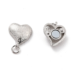 Platinum Rhodium Plated 925 Sterling Silver Magnetic Clasps, With Jump Rings, Textured Heart, Platinum, 12x9x5mm, Hole: 1.2mm