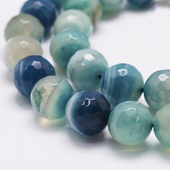 Blue Faceted Natural Agate Beads Strands, Dyed, Round, Grade A, Blue, 12mm, Hole: 2mm, about 32pcs/strand, 15 inch