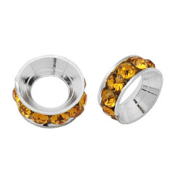 Topaz Brass Rhinestone Spacer Beads, Grade A, Rondelle, Silver Color Plated, Topaz, 10x4.2mm, Hole: 5.2~5.7mm