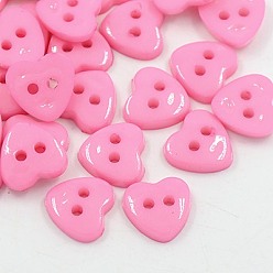Pink Acrylic Heart Buttons, Plastic Sewing Buttons for Costume Design, 2-Hole, Dyed, Pink, 12x12x3mm, Hole: 1mm