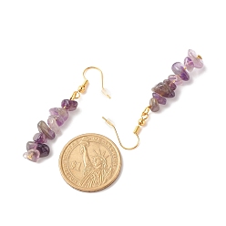 Amethyst Natural Amethyst Chip Beaded Dangle Earrings, Gemstone Drop Earrings for Women, Brass Jewelry, Golden, 50~54x7~11.5x5~8mm, Pin: 0.7mm