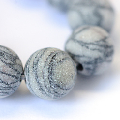 Netstone Frosted Natural Black Silk Stone/Netstone Round Bead Strands, 6~6.5mm, Hole: 1mm, about 63pcs/strand, 15.5 inch