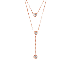 Rose Gold SHEGRACE 925 Sterling Silver Double Layered Necklace, with Three Round AAA Cubic Zirconia Pendants, Rose Gold, 17.7 inch(45cm)