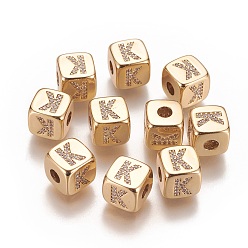Letter K Brass Micro Pave Cubic Zirconia Beads, Horizontal Hole, Real 18K Gold Plated, Long-Lasting Plated, Cube with Letter, Clear, Letter.K, 9x9x9mm, Hole: 3.5mm