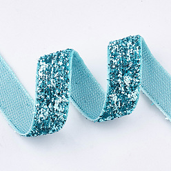 Turquoise Ruban scintillant scintillant, ruban de polyester et nylon, turquoise, 3/8 pouce (9.5~10 mm), environ 50 yards / rouleau (45.72 m / rouleau)