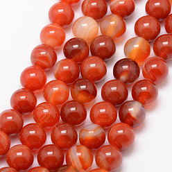 Orange Red Natural Striped Agate/Banded Agate Bead Strands, Round, Grade A, Dyed & Heated, Orange Red, 8mm, Hole: 1mm, about 47pcs/strand, 15 inch