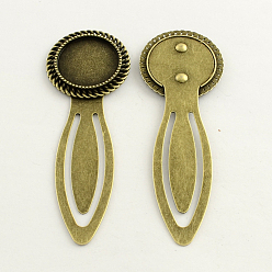 Antique Bronze 20mm Tray Bookmark Cabochon Settings, Iron with Alloy Flat Round Tray, Lead Free, Nickel Free & Cadmium Free, Antique Bronze, 77x27x3mm