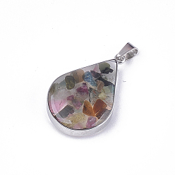 Tourmaline Natural Tourmaline Pendants, with Glass and 304 Stainless Steel Findings, teardrop, Stainless Steel Color, 26.5~27x17~17.5x6.5~7mm, Hole: 3x5.5mm