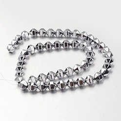 Silver Plated Electroplate Non-magnetic Synthetic Hematite Bead Strands, Polygon, Silver Plated, 8x8mm, Hole: 1mm, about 51pcs/strand, 15.7 inch