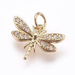 Golden Brass Micro Pave Cubic Zirconia Pendants, Lead Free & Cadmium Free, Dragonfly, Golden, 12x15.5x2mm, Hole: 3mm