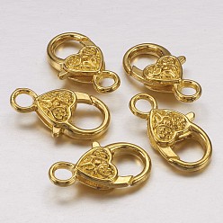 Golden Tibetan Style Heart Lobster Claw Clasps, Cadmium Free & Lead Free, Golden, 26.5x14x6mm, Hole: 4mm