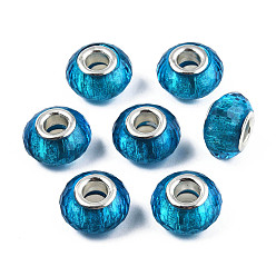 Deep Sky Blue Resin European Beads, Large Hole Beads, with Silver Color Plated Brass Cores, Faceted, Rondelle, Large Hole Beads, Deep Sky Blue, 13.5~14.5x9mm, Hole: 5mm