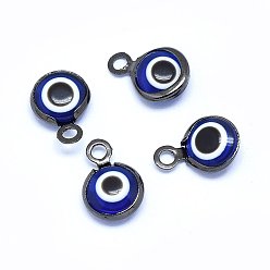 Черный Цвет Металла Подвески ручной работы сглаз, с латунной фурнитурой , плоско-круглые, синие, металлический черный , 10x6.5x3 мм, отверстие : 1.5 мм