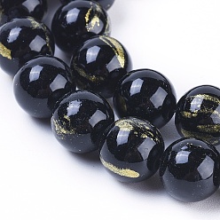 Noir Chapelets de perles en jade naturel, une feuille d'or, teint, ronde, noir, 4mm, Trou: 1mm, Environ 92~95 pcs/chapelet, 14.96 pouce (38 cm)