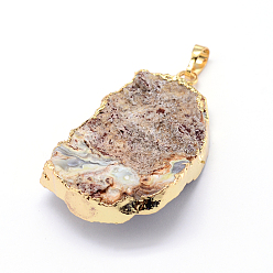 Natural Agate Natural Drusy Agate Nuggets Pendants, with Golden Plated Brass Finding, 40~50x25~32x8~17mm, Hole: 8x5mm