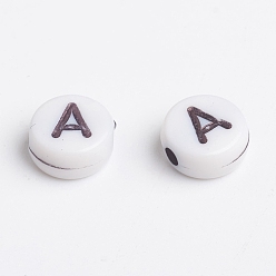White Acrylic Horizontal Hole Letter Beads, Flat Round, Size: about 7mm in diameter, 3mm thick, hole: 1.5mm, about 4060pcs/500g.