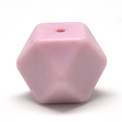 Pink Food Grade Eco-Friendly Silicone Beads, Chewing Beads For Teethers, DIY Nursing Necklaces Making, Faceted Cube, Pink, 17x17x17mm, Hole: 2mm