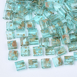Dark Turquoise 2-Hole Transparent Glass Seed Beads, Antique Style, Rectangle, Dark Turquoise, 5x4.5~5.5x2~2.5mm, Hole: 0.5~0.8mm