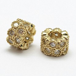 Golden Brass Micro Pave Cubic Zirconia Beads, Column, Cadmium Free & Nickel Free & Lead Free, Golden, 6x4mm, Hole: 3mm