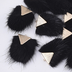 Black Faux Mink Fur Tassel Pendant Decorations, with Brass Findings, Light Gold, Black, 40~42x20~30x5.5~7mm, Hole: 2mm