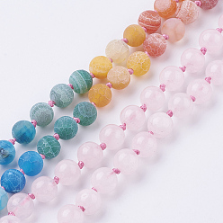 Rose Quartz Frosted Natural Weathered Agate and Rose Quartz Necklace, with Nylon Tassel Pendants, 34.6 inch(88cm)