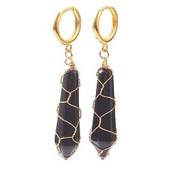 Obsidian Brass Huggie Hoop Earrings, with Natural Obsidian Wire Wrapped Bullet Pendants, Golden, 50mm, Pin: 1mm