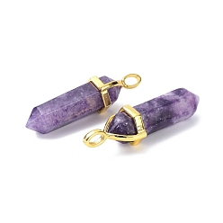 Lepidolite Natural Lepidolite/Purple Mica Stone Pointed Pendants, with Random Brass Pendant Hexagon Bead Cap Bails, Golden, Bullet, 38.5~40x12~12.5x10~11mm, Hole: 3x4.5mm